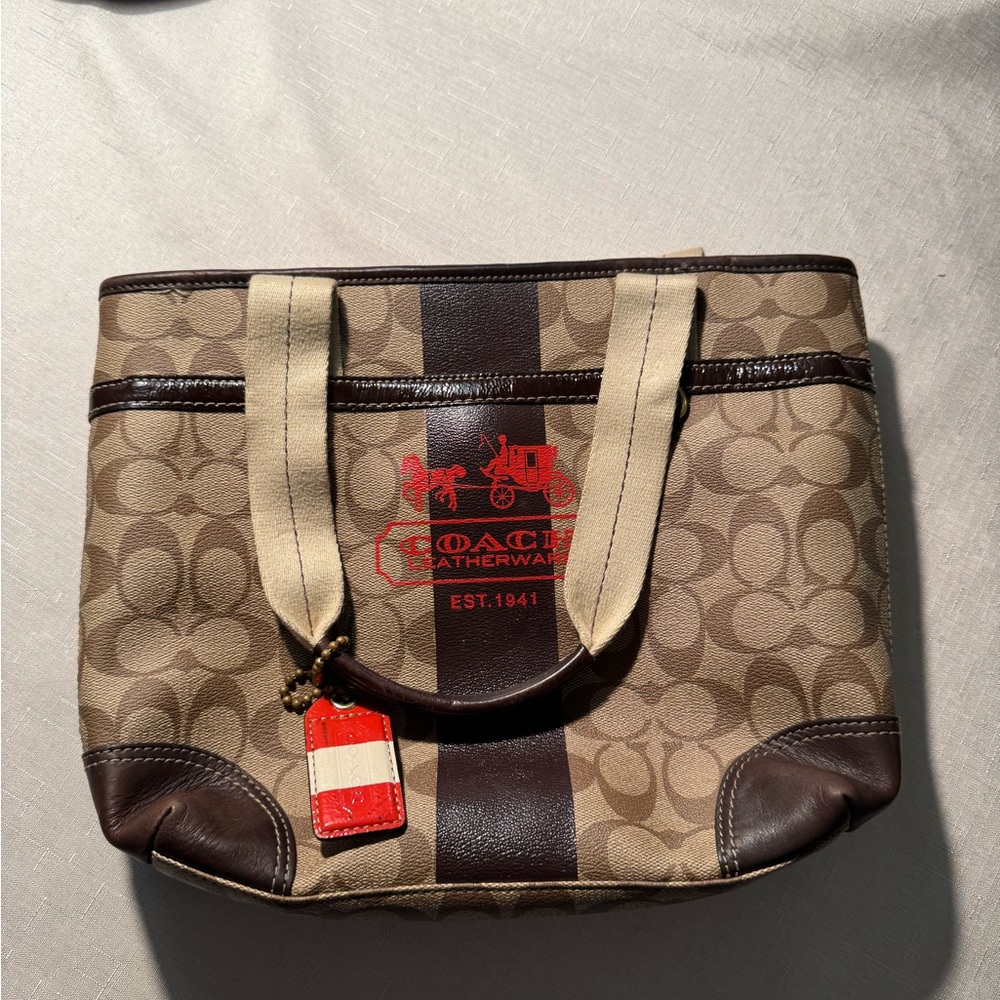 Coach Brown and Tan Tote with Red Accents